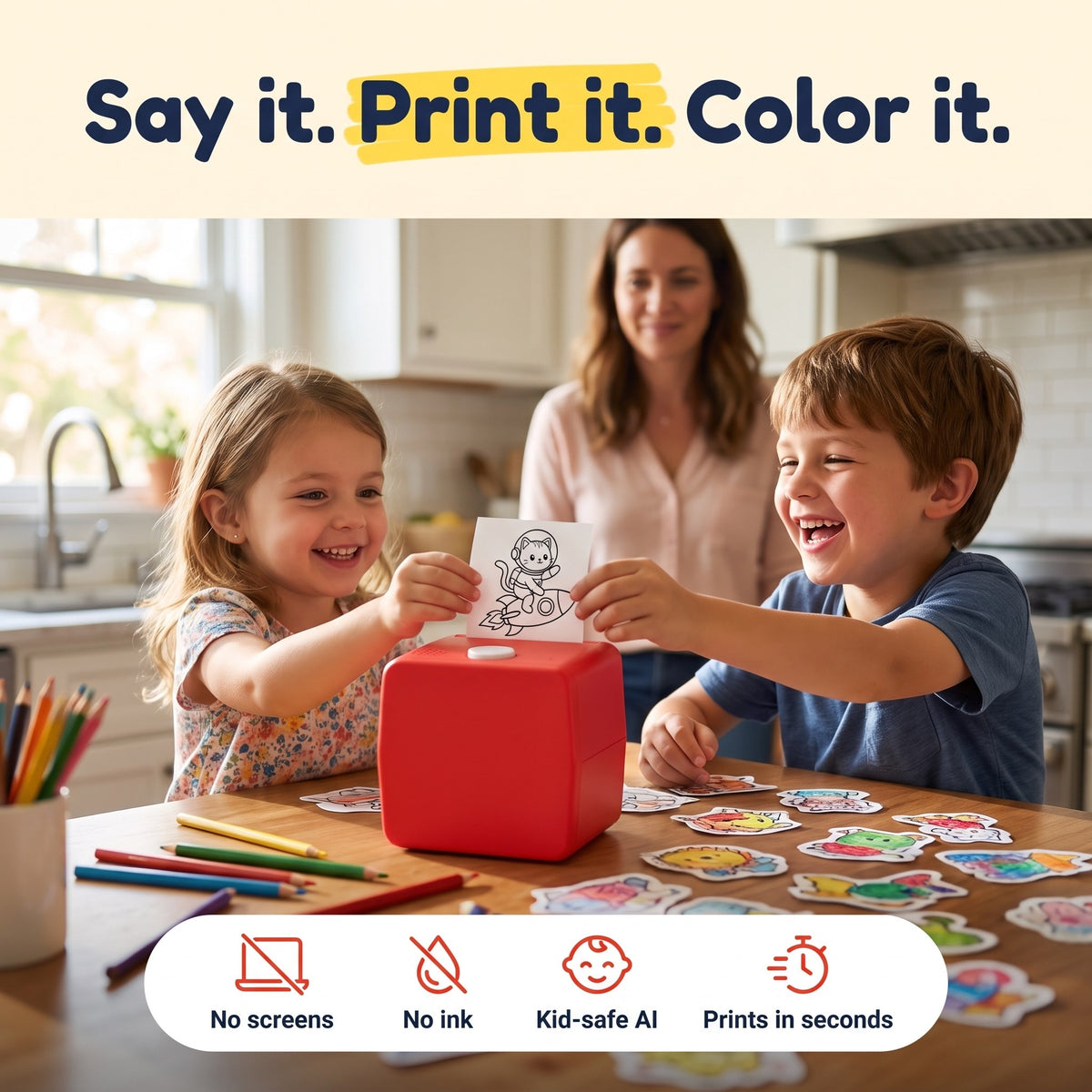 Veelay AI sticker printer: say it, print it, color it